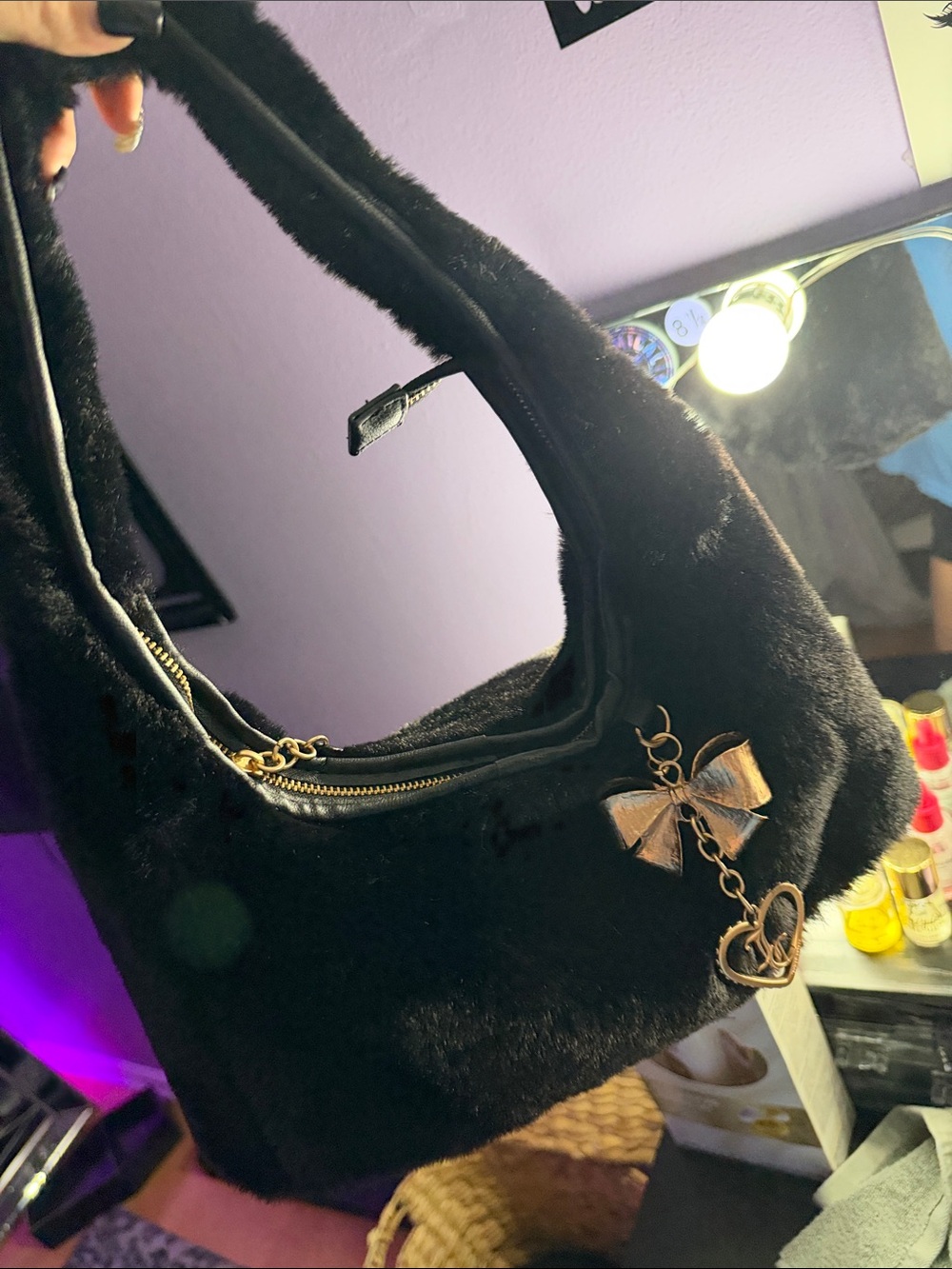 Black Faux-Fur Shoulder Bag with Gold Bow Charm
